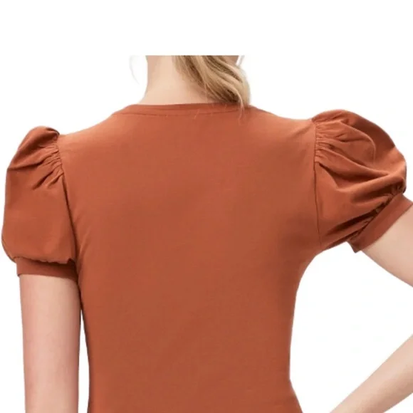 PAIGE MATCHA TEE IN TERRACOTTA - Short Sleeve Puff Top - Warm Brown Sz:XS - Picture 3 of 11
